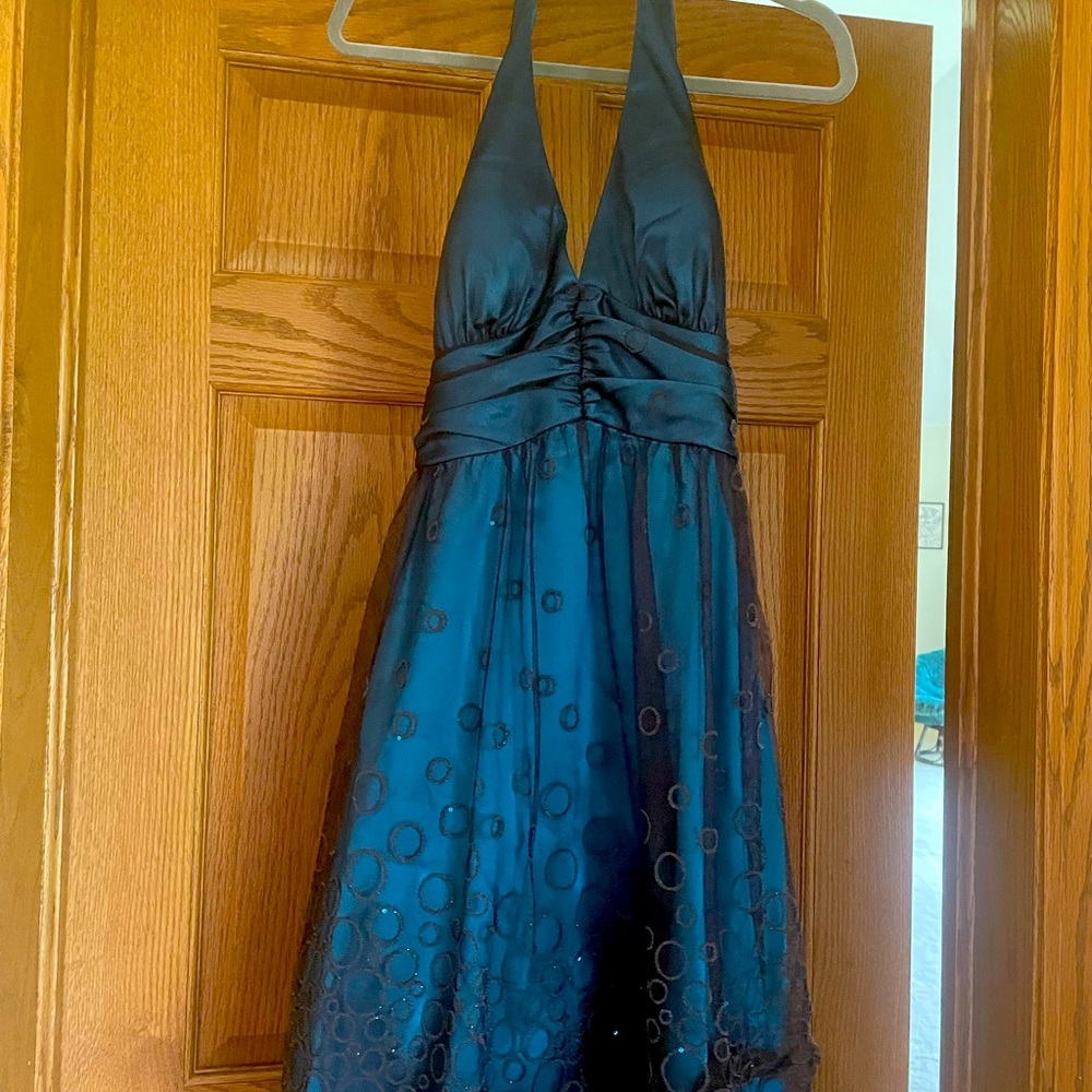 Blue cocktail dress with black sheer net
